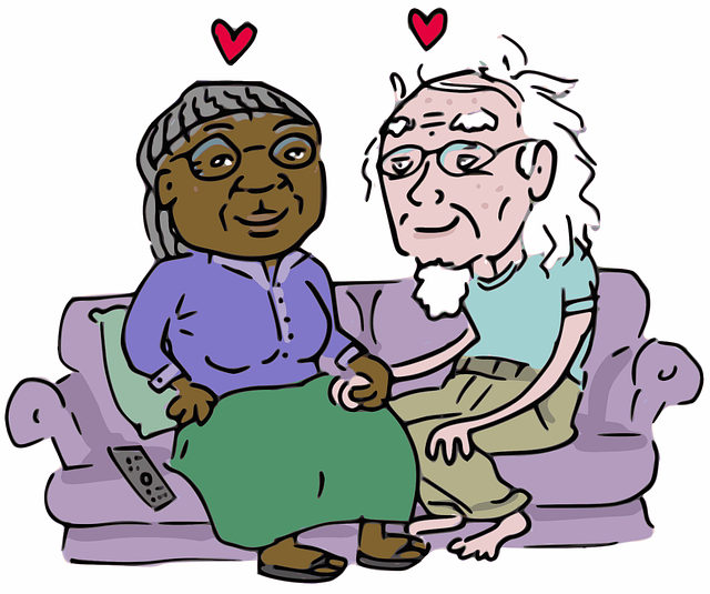 Elderly man and woman siting on a couch with floating hearts